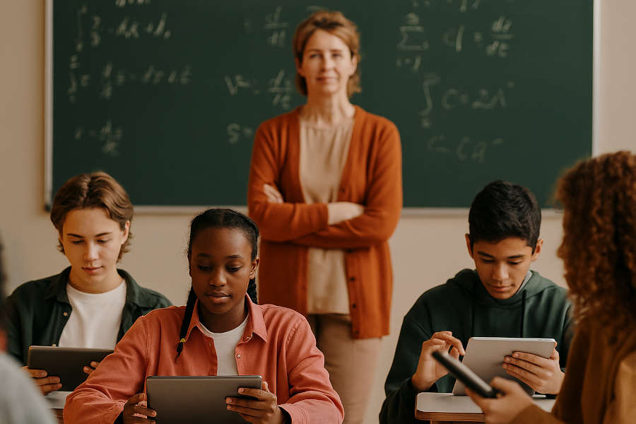 a teach stands before pupils with tablets