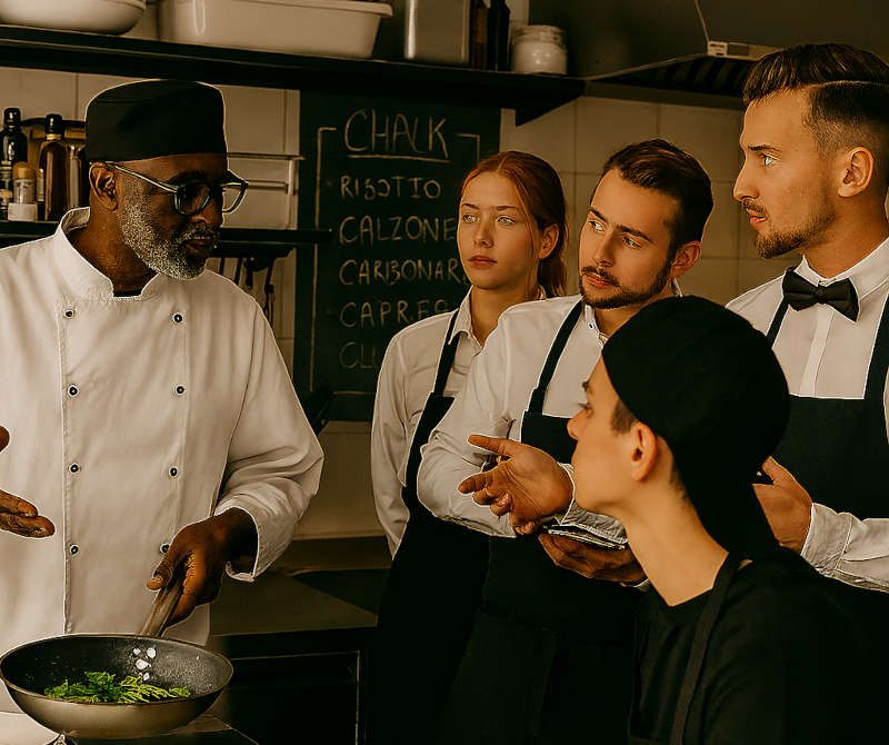 a kitchen scene with employees