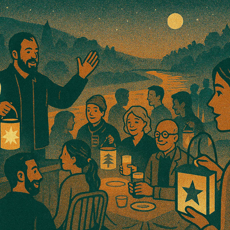 a riverside scene of storytellers and audience holding lanterns
