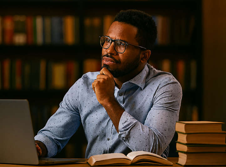 a man thinks at his desk