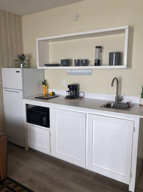 Kitchen has what you need inc. a fridge